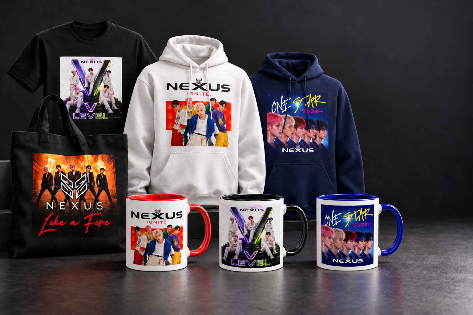 NEXUS V merchandise including hoodies, a T-shirt, a tote bag and mugs